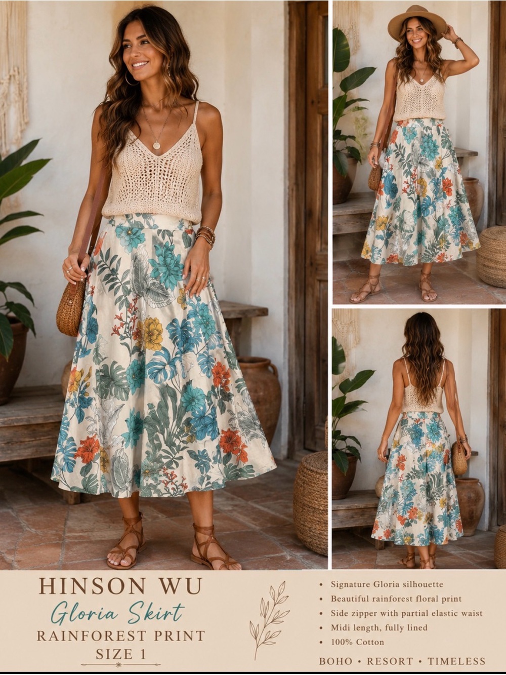 Hinson Wu Gloria Rainforest Print Midi Skirt | Size L | Botanical Floral